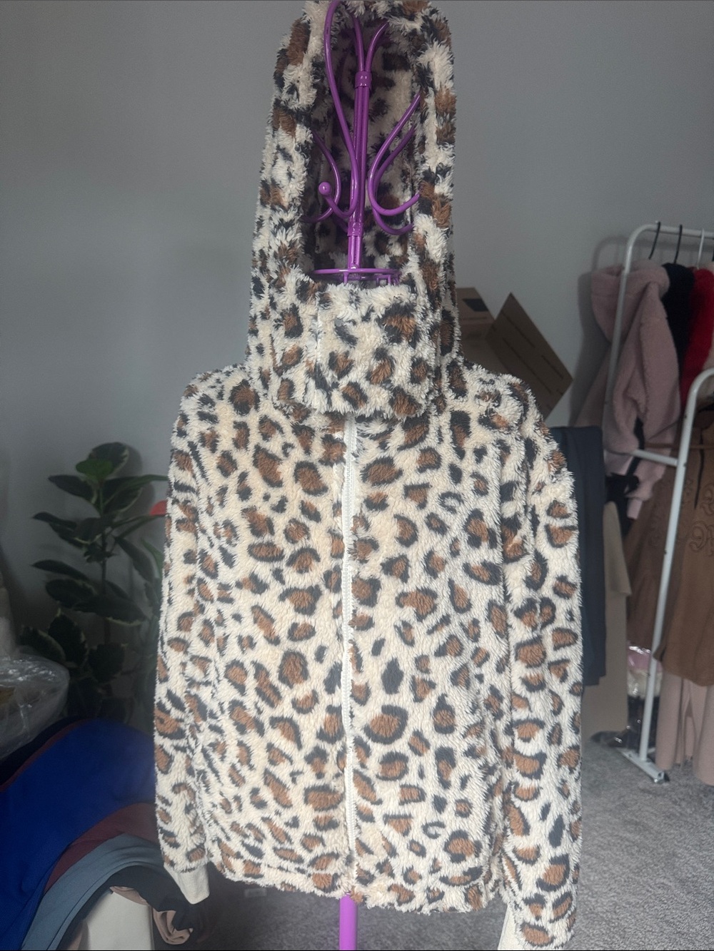 Leopard Print Teddy Jacket with Hood - Cream/Brown/Black